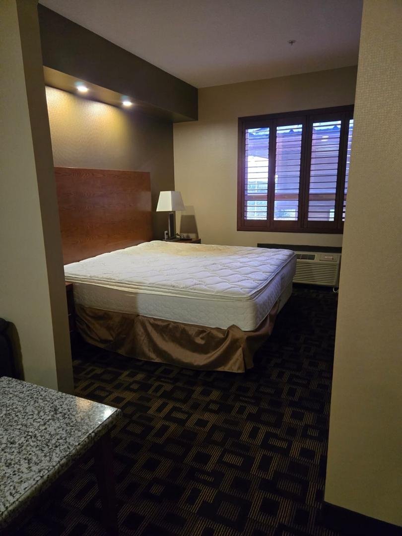 Hotel guest room bed and window after cleaning